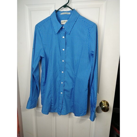 Orvis Woman 8 Blue White Polka Dot Wrinkle Resist LS Button Business Casual... - Picture 2 of 8